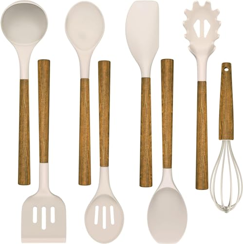 8-Teiliges Küchenhelfer Set, Silikon Küchenutensilien Kochlöffel Set mit Holzgriff und Loch für Kochen und Backen, Antihaft Hitzebeständiges Küchenhelfer, Schneebesen, Spatel (Khaki) von Wildone