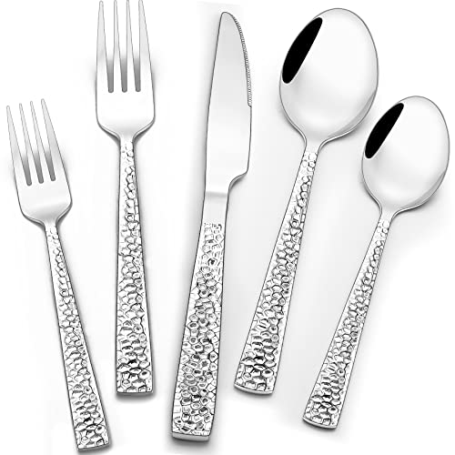 Hammered Silverware Set, Wildone 30-teiliges Edelstahl-Besteck für 6 Personen, lebensmittelechtes Besteck, Messer, Gabeln, Löffel, spiegelnde Oberfläche, spülmaschinenfest von Wildone