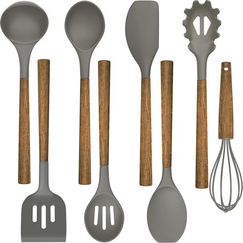 Kochutensilien-Set, 8-teiliges Küchenutensilien-Set mit Holzgriff, Silikon-Küchenutensilienzubehör, antihaftbeschichtet, hitzebeständig, leicht zu reinigendes Utensilien-Set (grau) von Wildone