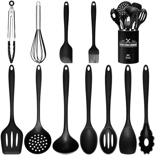 Küchenhelfer Set, 12 Stück Schwarz Silikon Kochutensilien Kochbesteck Set mit Utensilienhalter, Antihaft Hitzebeständig Kochgeschirr Küchenhelfer Set, Gesund & Spülmaschinenfest von Wildone