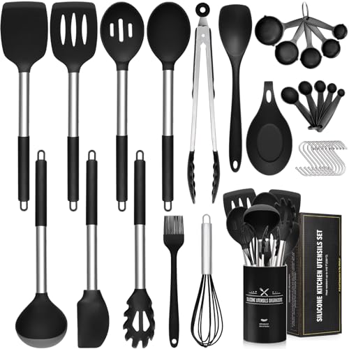 Küchenhelfer Set, 33-teiliges Premium Silikon Küchenutensilien-Set mit Edelstahlgriff, Antihaft Hitzebeständiges Schwarz Kochlöffel Set für Kochen und Backen, Spülmaschinenfest -10 S-Haken von Wildone