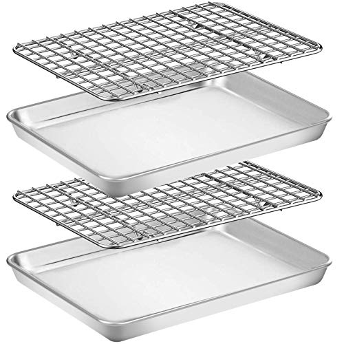 Wildone Backblech-Set [2 Pfannen + 2 Racks], Edelstahl-Plätzchenblech, Backform mit Kühlrost, Größe 22,9 x 17,8 x 2,5 cm, ungiftig & strapazierfähig & leicht zu reinigen von Wildone