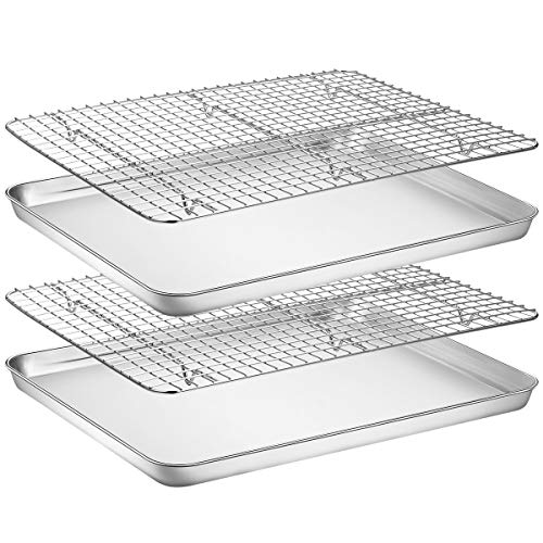 Wildone Backblech-Set [2 Pfannen + 2 Racks], Edelstahl-Plätzchenblech, Backform mit Kühlrost, Größe 45,7 x 33 x 2,5 cm, ungiftig & strapazierfähig & leicht zu reinigen von Wildone