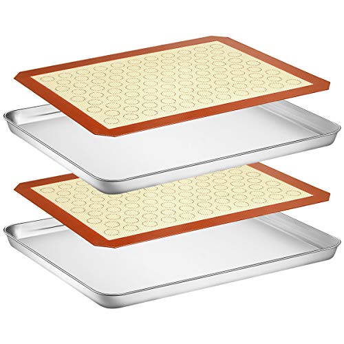 Wildone Backblech mit Silikonmatte, 4er-Set (2 Bögen + 2 Matten), Wildone Edelstahl Keksblech Backform mit Silikonmatte, Größe 40,6 x 30,5 x 2,5 cm, ungiftig & strapazierfähig & leicht zu reinigen von Wildone