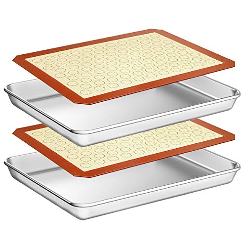 Wildone Backblech mit Silikonmatte Set, 4er Set (2 Bögen + 2 Matten), Wildone Edelstahl Keksblech Backform mit Silikonmatte, Größe 30,5 x 25,4 x 2,5 cm, ungiftig & strapazierfähig & leicht zu reinigen von Wildone