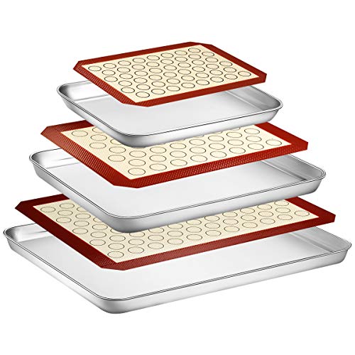 Wildone Backblech mit Silikonmatte Set, 6er Set (3 Bleche + 3 Matten), Edelstahl-Backblech mit Silikonmatte, ungiftig & strapazierfähig & leicht zu reinigen von Wildone