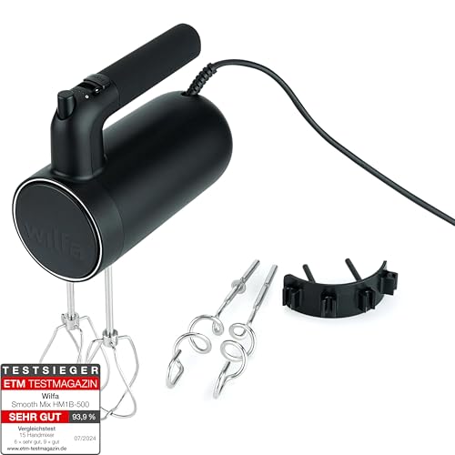 Wilfa Handmixer Smooth Mix 500 I 500 W I 5 Geschwindigkeiten I Boost-Funktion & Auswurf-Funktion I inkl. Schneebesen + Knethaken I 1,4m langes Kabel I bis zu 1,5kg Teig I Zubehör-Halterung (schwarz) von Wilfa