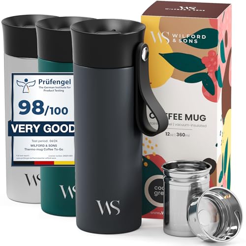Thermobecher Kaffee To Go Kaffeebecher Edelstahl 360ml + Trageriemen & Tee-Infuser - Trinkbecher Cafe Tee Auslaufsicher BPA-frei | 6h Heiß 10h Kalt Vakuum-Isolierbecher Coffee Travel Mug Thermosbecher Thermobecher Kaffee To Go Kaffeebecher Edelstahl 360ml + Trageriemen & Tee-Infuser - Trinkbecher Cafe Tee Auslaufsicher BPA-frei | 6h Heiß 10h Kalt Vakuum-Isolierbecher Coffee Travel Mug Thermosbecher von Wilford & Sons