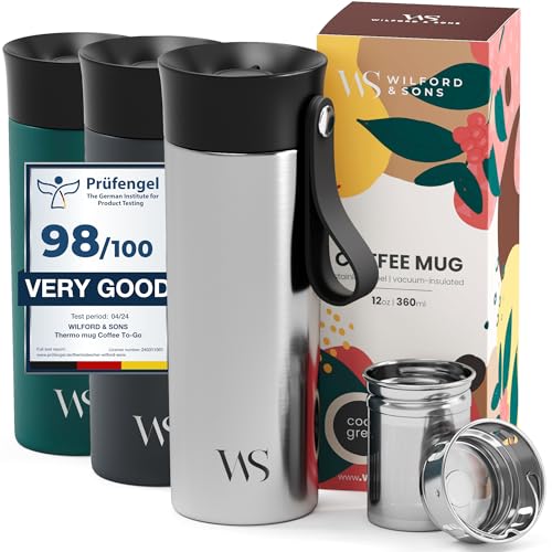 Thermobecher Kaffee To Go Kaffeebecher Edelstahl 360ml + Trageriemen & Tee-Infuser - Trinkbecher Cafe Tee Auslaufsicher BPA-frei | 6h Heiß 10h Kalt Vakuum-Isolierbecher Coffee Travel Mug Thermosbecher von Wilford & Sons
