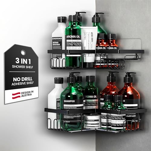 W&S Duschablage Ecke ohne Bohren 2er Set - Eckregal Dusche Bad-Ablage Edelstahl, Duschregal Rostfrei | Bad-Regal, Shower Caddy, Badezimmer Organizer, Dusch-Korb & Sticker, Shampoo Halterung Schwarz von Wilford & Sons