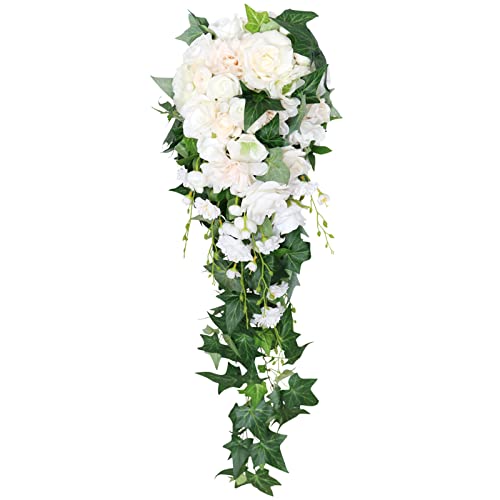 Simulation Rose Cascading Hochzeit Brautstrauß Wasserfall Hochzeit hält Blume mit grünen Blättern Dekoration (weiß) Künstliche Hochzeitsblumen Blumensträuße Dekorationen für Braut Weiß von Wilgure