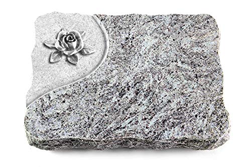 Wilhelmy Grabmale Grabplatte, Grabstein, Grabkissen, Urnengrabstein, Liegegrabstein Modell Folio 40 x 30 x 5 cm Marina Blue-Granit, poliert inkl. Gravur (Aluminium-Ornament Rose 4) von Wilhelmy Grabmale