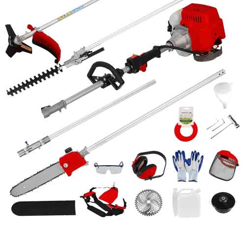 Gas Power Heckenschere, 52CC Multifunktionaler Benzin Unkrautvernichter Gas-Saitentrimmer/Kantenschneider Rucksack Stangensäge Trimmer Freischneider Unkrautfresser Gasbetriebener Rasentrimmer Rot (Rot von Wilitto
