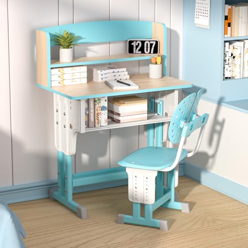 Wilitto Kinder Schreibtisch und Stuhl Set, Hebbarer Schulschreibtisch Study Tisch Stuhl Set mit Schubladendesign, Schülerschreibtisch und Stuhl Set mit Dual Partition Buchständer, Rucksackhaken Blau Wilitto Kinder Schreibtisch und Stuhl Set, Hebbarer Schulschreibtisch Study Tisch Stuhl Set mit Schubladendesign, Schülerschreibtisch und Stuhl Set mit Dual Partition Buchständer, Rucksackhaken Blau von Wilitto
