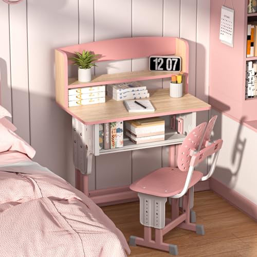 Wilitto Kinder Schreibtisch und Stuhl Set, Hebbarer Schulschreibtisch Study Tisch Stuhl Set mit Schubladendesign, Schülerschreibtisch und Stuhl Set mit Dual Partition Buchständer, Rucksackhaken Rosa von Wilitto