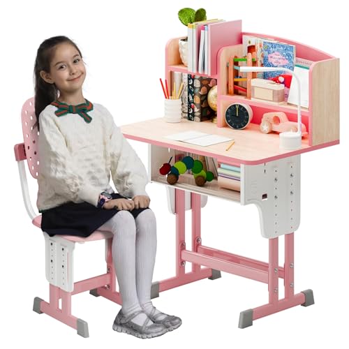 Wilitto Kinderschreibtisch und Stuhl-Set, Kinderschreibtisch, Studentenschreibtisch und Stuhl-Set mit Aufbewahrungsschublade und Bücherregalen, Kinderschreibtisch und Stuhl-Set, Lerntisch für Kinder von Wilitto