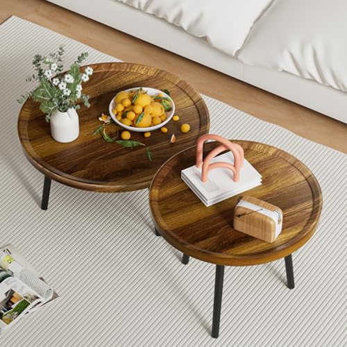 Wilitto Moderne runde Couchtische für Wohnzimmer, stapelbare Beistelltische mit Metallrahmen, minimalistischer Mitteltisch, Beistelltisch-Set, Braun, 2 Stück von Wilitto