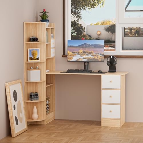 Wilitto Moderner 2-in-1 L-förmiger Computertisch mit Bücherregal, großer Schreibtisch, Arbeitszimmertisch, Gaming-PC-Schreibtisch mit Schubladen für Home Office, Braun von Wilitto