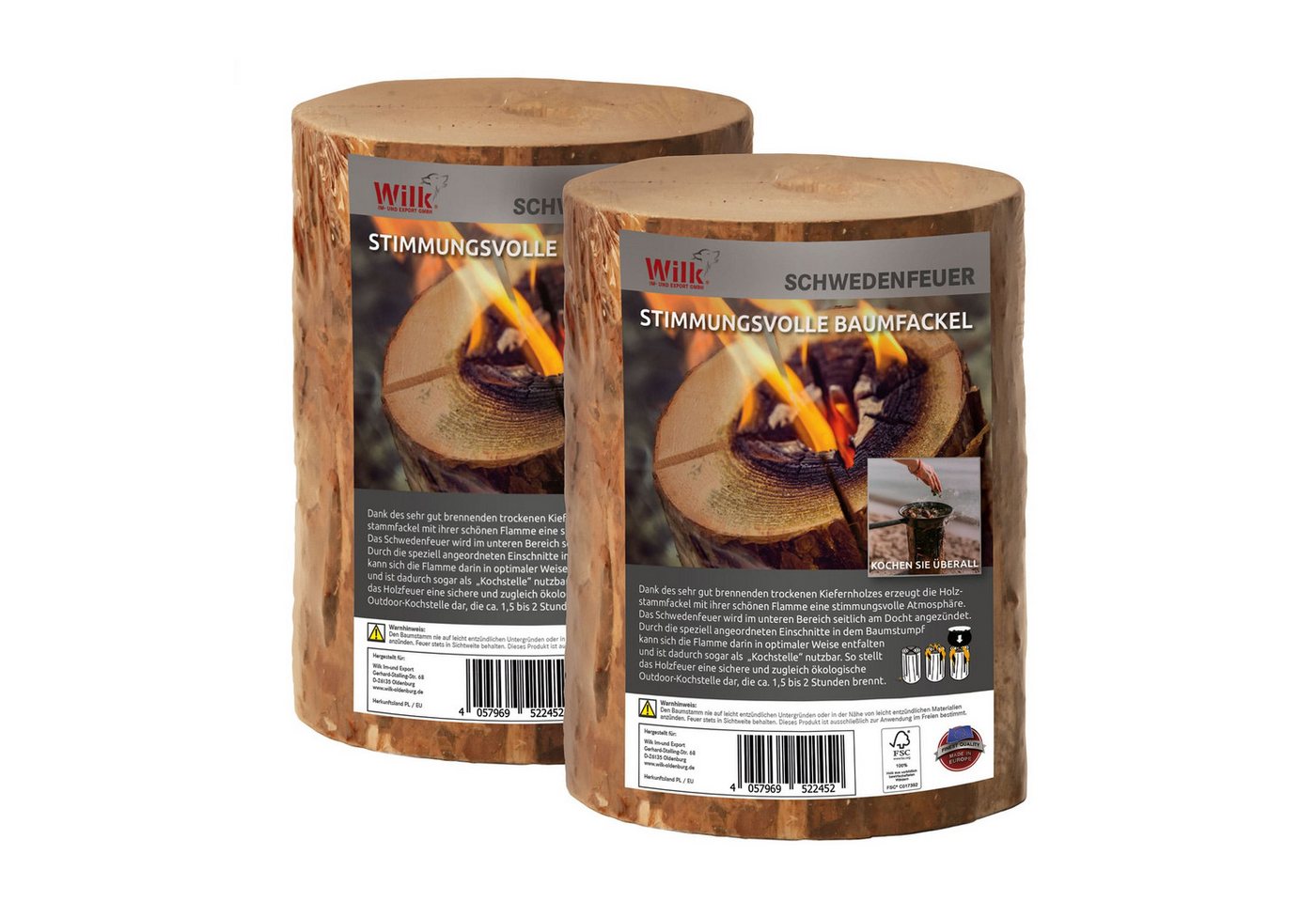 Wilk Outdoorkerze Schwedenfeuer (Schwedenfeuer, 2-er Set), Trockenes Kiefernholz von Wilk