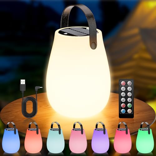 Wilktop Solar Tischlampe Outdoor 2 in 1, Solare Aufladung & USB-Ladung Fernbedienung, RGB 8 Farben Dimmbar, IP44 Wasserdicht Solarlampen für Außen tisch für Außen, Garten von Wilktop