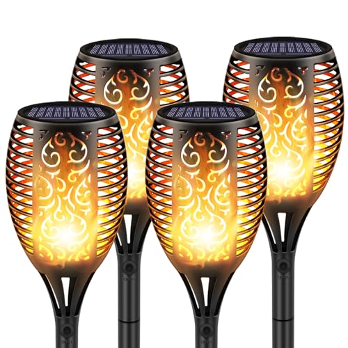 Wilktop Solarleuchte Garten Fackeln 4 Stück Solar Garten Licht,Solar Gartenleuchte Solarlampe mit IP65 Wasserdichte,Solarleuchte Flamme Warmlicht 96 LED Licht Sensor von Wilktop