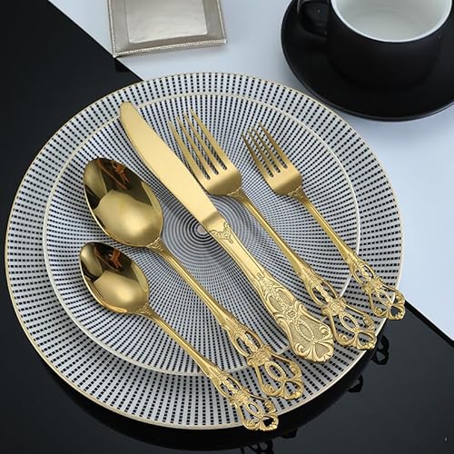 Will Like Besteckset für 1 Person, 5-teilig, hochwertig, spülmaschinenfest, inklusive Steakmesser/Gabel/Löffel, ideal für Zuhause, Küche, Restaurant (Goldbesteck) von Will Like