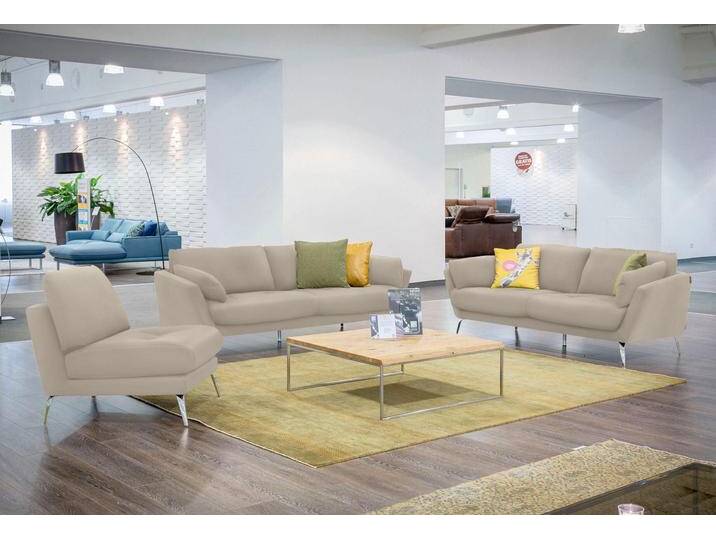 2-Sitzer W.SCHILLIG softy , grau (eisgrau z59), B:183cm H:79cm T:93cm, Chenille-Flachgewebe R66 (85% Polyester, 15% Nylon), Velourgewebe V41 (100% Polyester), Longlife Xtra-Leder Z59: Glattleder mit modischer Prägung. Hautstärke 0, 9 - 1, 1 mm, Sofas, mit dekorativer Heftung im Sitz, Füße Chrom glänzend von Willi-Schillig