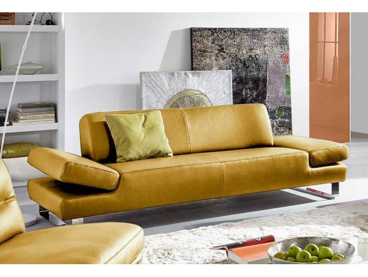 2-Sitzer W.SCHILLIG taboo , gelb (kurkuma z69), B:202cm H:76cm T:101cm, Flachgewebe S22 (100% Polyester), Stoff S37 (100% Polyester): Luxus-Microfaser in Lederoptik, Longlife Xtra-Leder Z59: Glattleder mit modischer Prägung. Hautstärke 0, 9 - 1, 1 mm, Longlife Xtra-Leder Z69: Das feinnarbige, gedeckte Softleder Z69 besticht durch seine außergewöhnliche Weichheit im trendigen u00bbVintage-Looku00ab, Hautstärke 0, 9 - 1, 1 mm, Sofas, mit Übertiefe, inklusive Armlehnenverstellung von Willi-Schillig