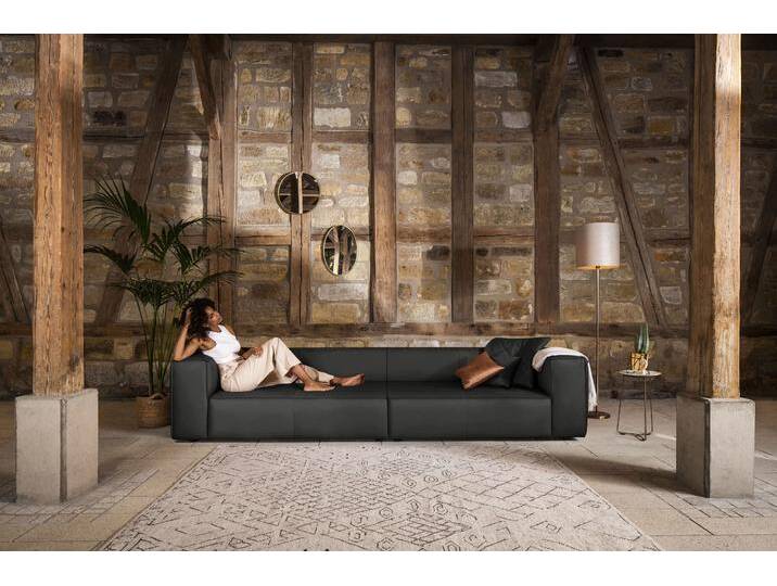 4-Sitzer W.SCHILLIG around-the-block , grau (graphit z59), B:300cm H:66cm T:104cm, Longlife Xtra-Leder Z59: Glattleder mit modischer Prägung. Hautstärke 0, 9 - 1, 1 mm, Sofas, mit eleganter Biese, mit Federkern von Willi-Schillig