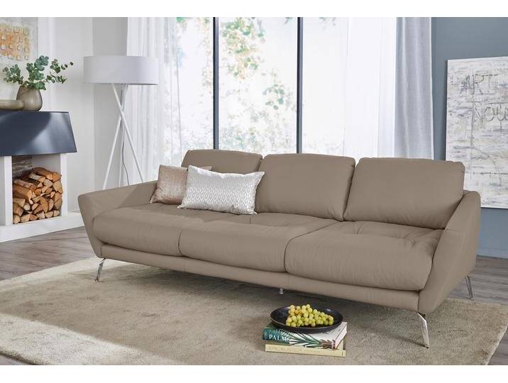 Big-Sofa W.SCHILLIG softy , braun (stone z59), B:254cm H:79cm T:113cm, Chenille-Flachgewebe R66 (85% Polyester, 15% Nylon), Velourgewebe V41 (100% Polyester), Longlife Xtra-Leder Z59: Glattleder mit modischer Prägung. Hautstärke 0, 9 - 1, 1 mm, Sofas, mit dekorativer Heftung im Sitz, Füße Chrom glänzend von Willi-Schillig