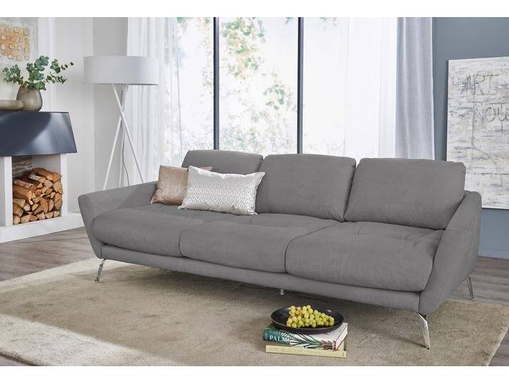 Big-Sofa W.SCHILLIG softy , grau (dolphin r66), B:254cm H:79cm T:113cm, Chenille-Flachgewebe R66 (85% Polyester, 15% Nylon), Velourgewebe V41 (100% Polyester), Longlife Xtra-Leder Z59: Glattleder mit modischer Prägung. Hautstärke 0, 9 - 1, 1 mm, Sofas, mit dekorativer Heftung im Sitz, Füße Chrom glänzend von Willi-Schillig