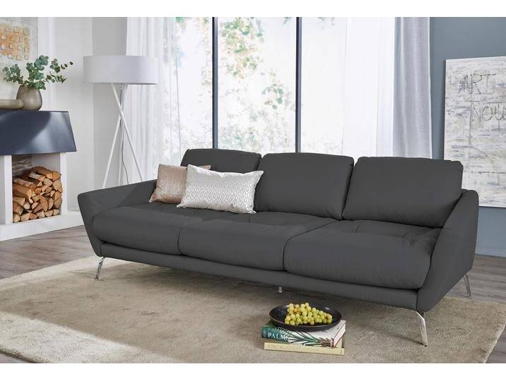 Big-Sofa W.SCHILLIG softy , grau (graphit z59), B:254cm H:79cm T:113cm, Chenille-Flachgewebe R66 (85% Polyester, 15% Nylon), Velourgewebe V41 (100% Polyester), Longlife Xtra-Leder Z59: Glattleder mit modischer Prägung. Hautstärke 0, 9 - 1, 1 mm, Sofas, mit dekorativer Heftung im Sitz, Füße Chrom glänzend von Willi-Schillig