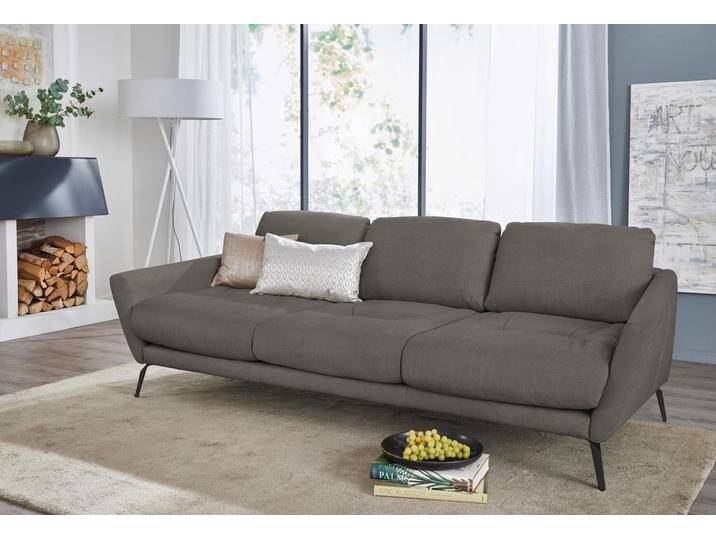 Big-Sofa W.SCHILLIG softy , grau (grau r66), B:254cm H:79cm T:113cm, Chenille-Flachgewebe R66 (85% Polyester, 15% Nylon), Velourgewebe V41 (100% Polyester), Longlife Xtra-Leder Z59: Glattleder mit modischer Prägung. Hautstärke 0, 9 - 1, 1 mm, Sofas, mit dekorativer Heftung im Sitz, Füße schwarz pulverbeschichtet von Willi-Schillig