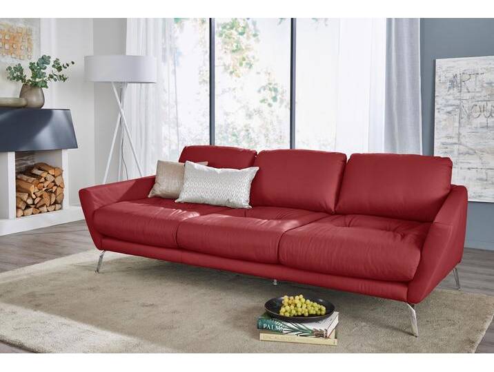 Big-Sofa W.SCHILLIG softy , rot (ruby rot z59), B:254cm H:79cm T:113cm, Chenille-Flachgewebe R66 (85% Polyester, 15% Nylon), Velourgewebe V41 (100% Polyester), Longlife Xtra-Leder Z59: Glattleder mit modischer Prägung. Hautstärke 0, 9 - 1, 1 mm, Sofas, mit dekorativer Heftung im Sitz, Füße Chrom glänzend von Willi-Schillig