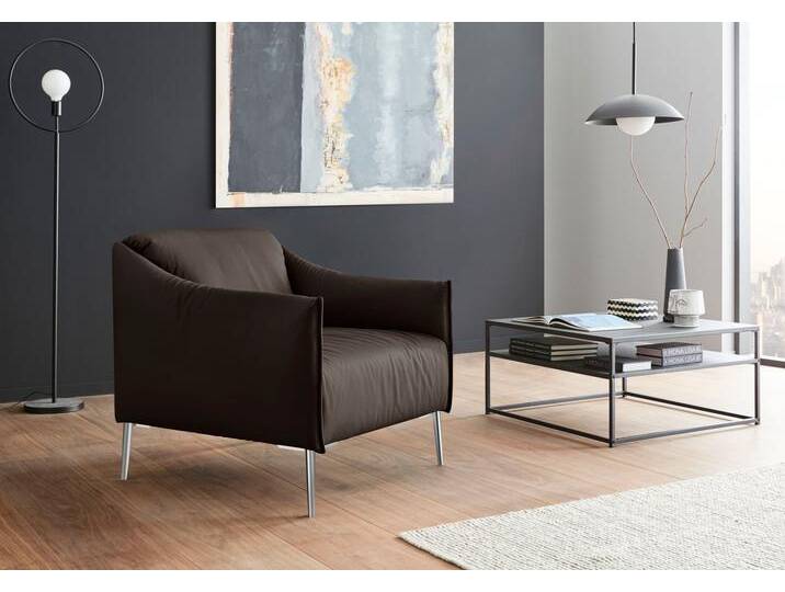 Cocktailsessel W.SCHILLIG sally , braun (braun z59), B:84cm H:78cm T:84cm, Longlife Xtra-Leder Z59: Glattleder mit modischer Prägung. Hautstärke 0, 9 - 1, 1 mm., Sessel, mit Metallfüßen in Chrom glänzend von Willi-Schillig