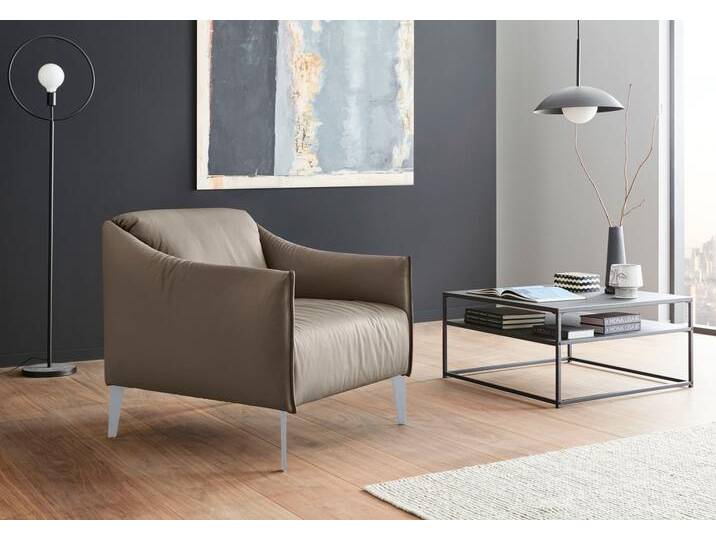 Cocktailsessel W.SCHILLIG sally , braun (stone z59), B:84cm H:78cm T:84cm, Longlife Xtra-Leder Z59: Glattleder mit modischer Prägung. Hautstärke 0, 9 - 1, 1 mm., Sessel, mit Metall-Winkelfüßen in Silber matt von Willi-Schillig