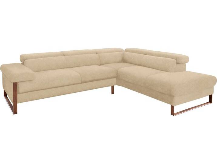 Ecksofa W.SCHILLIG finn, Designsofa mit tollem Sitzkomfort, bequem, L-Form , beige (sahara s37), B:281cm H:71cm T:230cm, Flachgewebe S22 (100% Polyester), Stoff S37 (100% Polyester), Longlife Xtra-Leder Z59: Glattleder mit modischer Prägung. Hautstärke 0, 9 - 1, 1 mm, Sofas, German Design Award 2016, Fußgestell Nussbaum natur, Breite 281 cm von Willi-Schillig