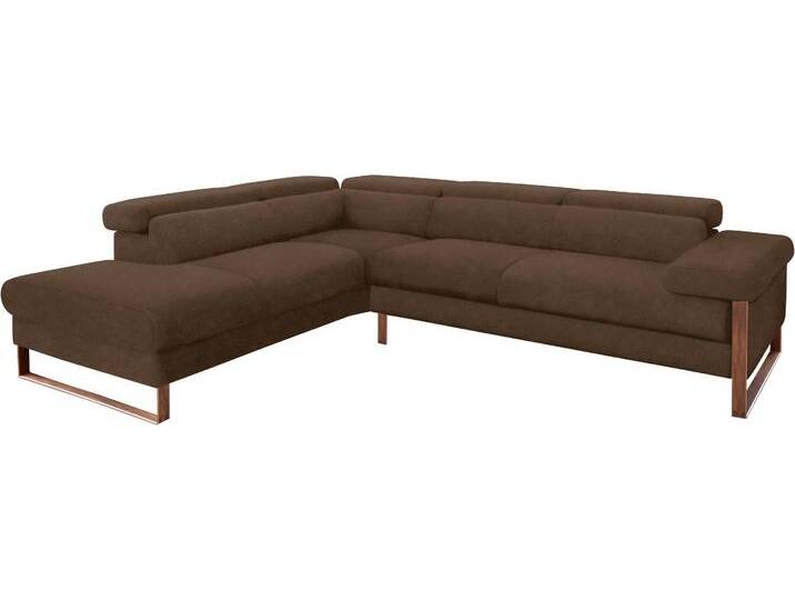 Ecksofa W.SCHILLIG finn, Designsofa mit tollem Sitzkomfort, bequem, L-Form , braun (mocca s37), B:281cm H:71cm T:230cm, Flachgewebe S22 (100% Polyester), Stoff S37 (100% Polyester), Longlife Xtra-Leder Z59: Glattleder mit modischer Prägung. Hautstärke 0, 9 - 1, 1 mm, Sofas, German Design Award 2016, Fußgestell Nussbaum natur, Breite 281 cm von Willi-Schillig