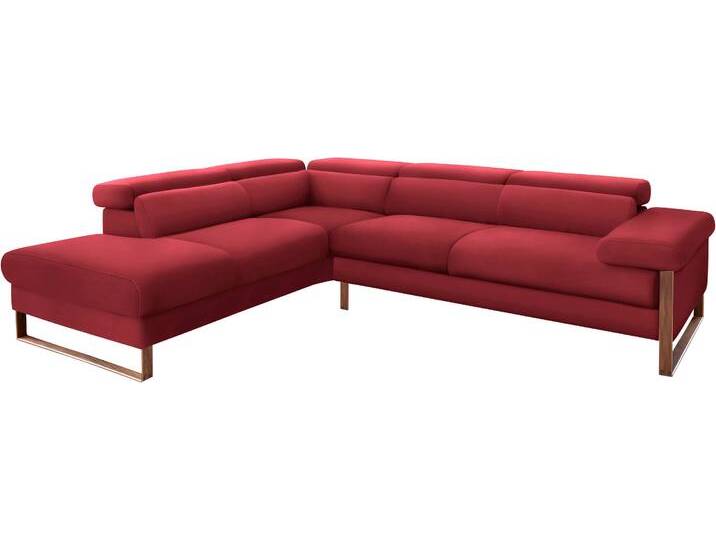 Ecksofa W.SCHILLIG finn, Designsofa mit tollem Sitzkomfort, bequem, L-Form , rot (ruby rot z59), B:281cm H:71cm T:230cm, Flachgewebe S22 (100% Polyester), Stoff S37 (100% Polyester), Longlife Xtra-Leder Z59: Glattleder mit modischer Prägung. Hautstärke 0, 9 - 1, 1 mm, Sofas, German Design Award 2016, Fußgestell Nussbaum natur, Breite 281 cm von Willi-Schillig
