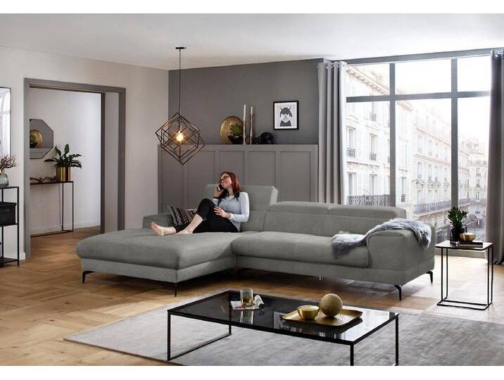 Ecksofa W.SCHILLIG piedroo, Designsofa mit tollem Sitzkomfort, L-Form , grau (grau r66), B:303cm H:70cm T:193cm, Chenille-Flachgewebe R66 (85% Polyester, 15% Nylon), Sofas, Kopfteilverstellung, wahlweise mit Sitztiefenverstellung, Breite 303cm von Willi-Schillig