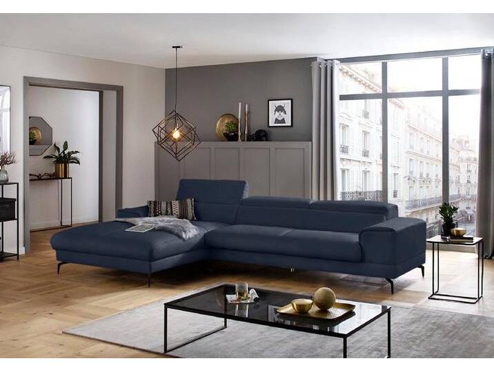 Ecksofa W.SCHILLIG piedroo, Designsofa mit tollem Sitzkomfort, bequem, L-Form , blau (blau z59), B:343cm H:70cm T:193cm, Longlife Xtra-Leder Z59: Glattleder mit modischer Prägung. Hautstärke 0, 9 - 1, 1 mm, Sofas, Kopfteilverstellung, wahlweise mit Sitztiefenverstellung, Breite 343cm von Willi-Schillig