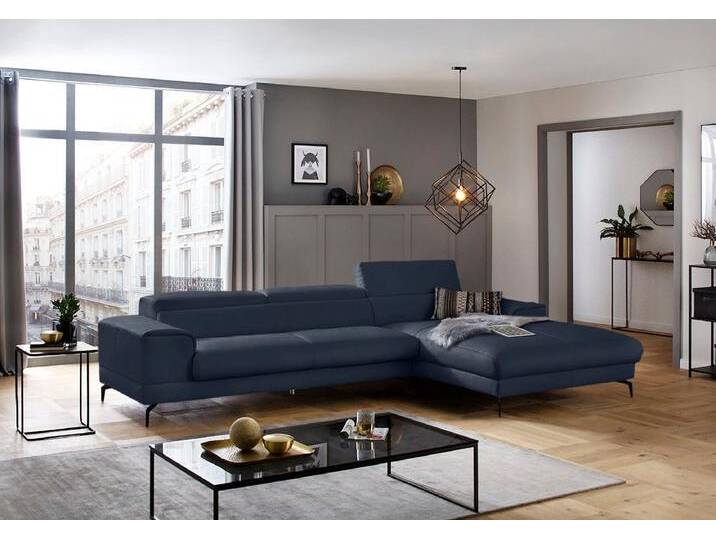 Ecksofa W.SCHILLIG piedroo, Designsofa mit tollem Sitzkomfort, bequem, L-Form , blau (blau z59), B:343cm H:70cm T:193cm, Longlife Xtra-Leder Z59: Glattleder mit modischer Prägung. Hautstärke 0, 9 - 1, 1 mm, Sofas, Kopfteilverstellung, wahlweise mit Sitztiefenverstellung, Breite 343cm von Willi-Schillig