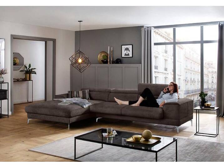 Ecksofa W.SCHILLIG piedroo, Designsofa mit tollem Sitzkomfort, bequem und elegant, L-Form , braun (mocca s37), B:343cm H:70cm T:193cm, Stoff S37 (100% Polyester): Luxus-Microfaser in Lederoptik, Sofas, Kopfteilverstellung, wahlweise mit Sitztiefenverstellung, Breite 343cm von Willi-Schillig