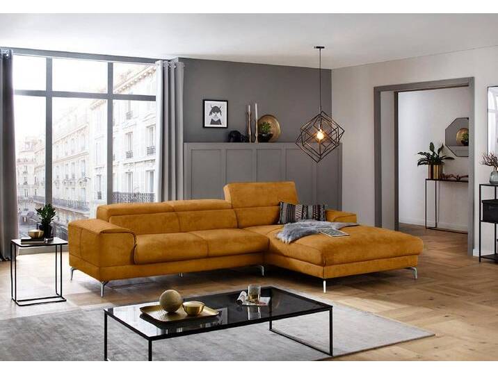Ecksofa W.SCHILLIG piedroo, Designsofa mit tollem Sitzkomfort, bequem und elegant, L-Form , gelb (brandy s37), B:303cm H:70cm T:193cm, Stoff S37 (100% Polyester): Luxus-Microfaser in Lederoptik, Sofas, Kopfteilverstellung, wahlweise mit Sitztiefenverstellung, Breite 303cm von Willi-Schillig