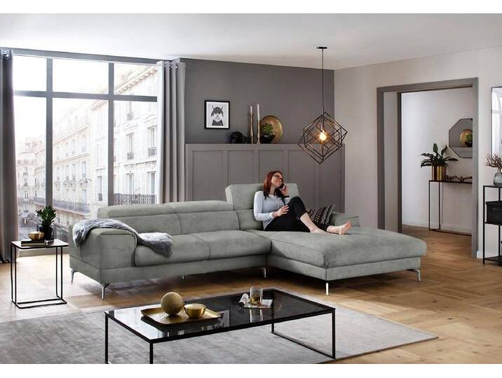 Ecksofa W.SCHILLIG piedroo, Designsofa mit tollem Sitzkomfort, bequem und elegant, L-Form , grau (grau s37), B:303cm H:70cm T:193cm, Stoff S37 (100% Polyester): Luxus-Microfaser in Lederoptik, Sofas, Kopfteilverstellung, wahlweise mit Sitztiefenverstellung, Breite 303cm von Willi-Schillig