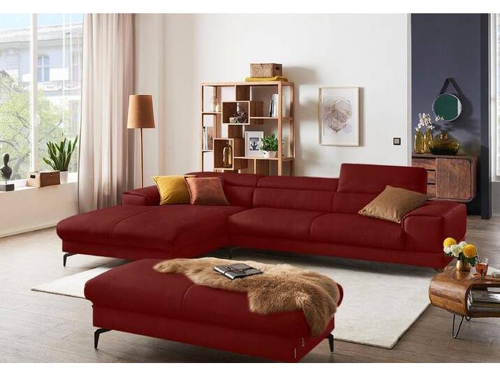 Ecksofa W.SCHILLIG piedroo, Designsofa mit tollem Sitzkomfort, bequem und elegant, L-Form , rot (ruby rot z59), B:343cm H:70cm T:193cm, Longlife Xtra-Leder Z59: Glattleder mit modischer Prägung. Hautstärke 0, 9 - 1, 1 mm, Sofas, Kopfteilverstellung, wahlweise mit Sitztiefenverstellung, Breite 343cm von Willi-Schillig