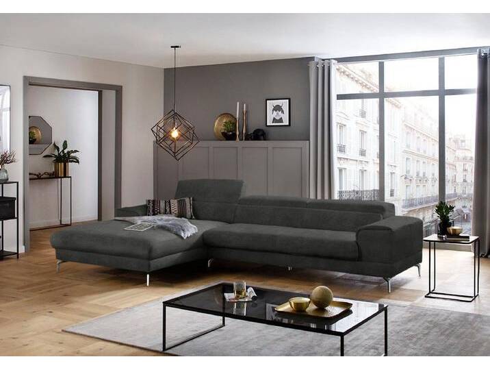 Ecksofa W.SCHILLIG piedroo, Designsofa mit tollem Sitzkomfort, elegant und bequem, L-Form , grau (anthrazit r66), B:343cm H:70cm T:193cm, Chenille-Flachgewebe R66 (85% Polyester, 15% Nylon), Sofas, Kopfteilverstellung, wahlweise mit Sitztiefenverstellung, Breite 343cm von Willi-Schillig