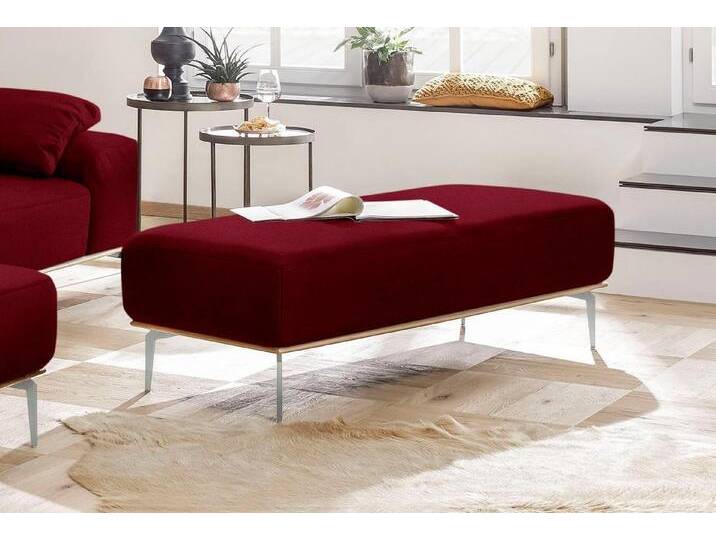 W.SCHILLIG Polsterhocker run, mit elegantem Holzsockel, Füße in Chrom glänzend, Breite 150 cm, rot, merlot W82 von Willi-Schillig