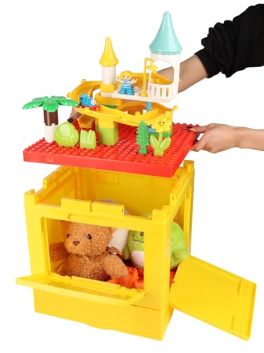 25L Kunststoff-Aufbewahrungsbox mit Gebäudedeckel für Lego Duplo Blöcke Kinder Spielzeug Aufbewahrung Organizer 4 Schloss Türen Faltbarer Stapelbarer Spielzeugtruhe Tisch Plastic Storage Box, Rot Gelb von WillingHeart