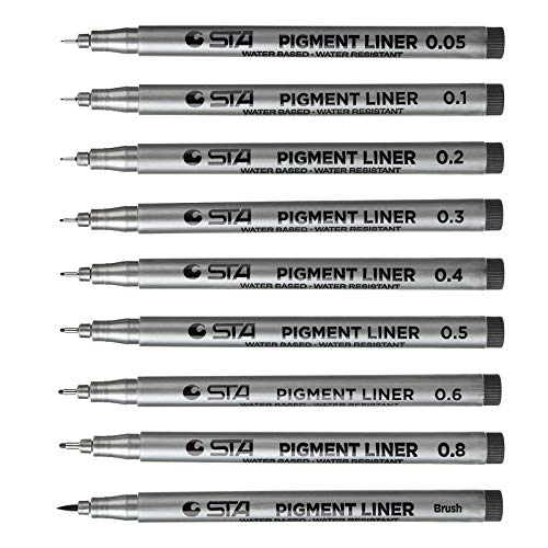 Willingood Fineliner Pigment Liner Set [9 Stück] mit 8 Linienbreiten und 1 Brush（schwarz Fineliner Stifte Artist Set Pigment Liner von Willingood